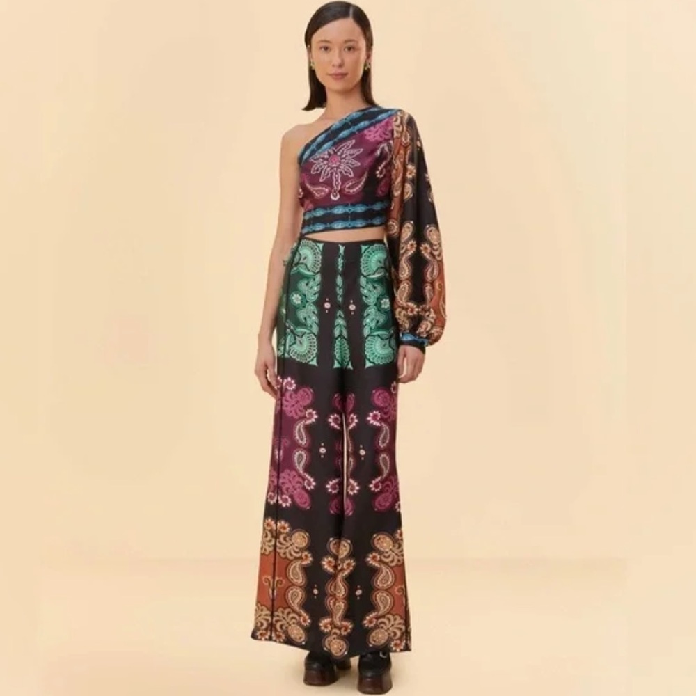 Farm Rio Black Paisley One Shoulder cut out Wide leg Jumpsuit